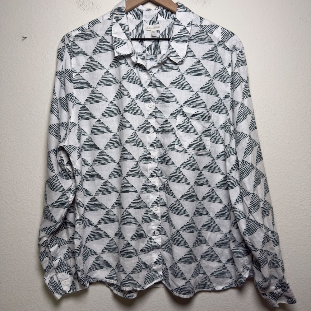 Garnet‎ Hill Women 100% Linen Button Down Shirt 18 White Geometric Triangles